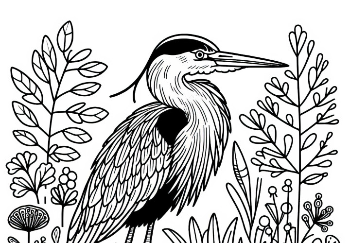 American Heron: Free download of a coloring page of a Great Blue Heron from North America