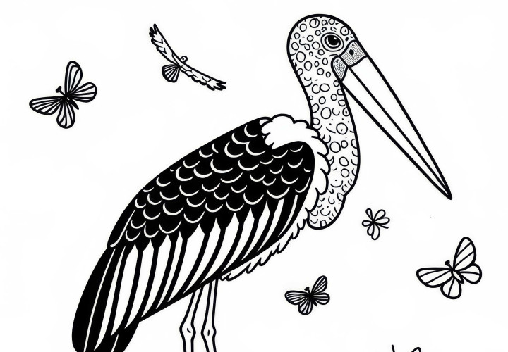 Marabu Malemal: Fargeleggingsbilde av marabustorken fra Afrika