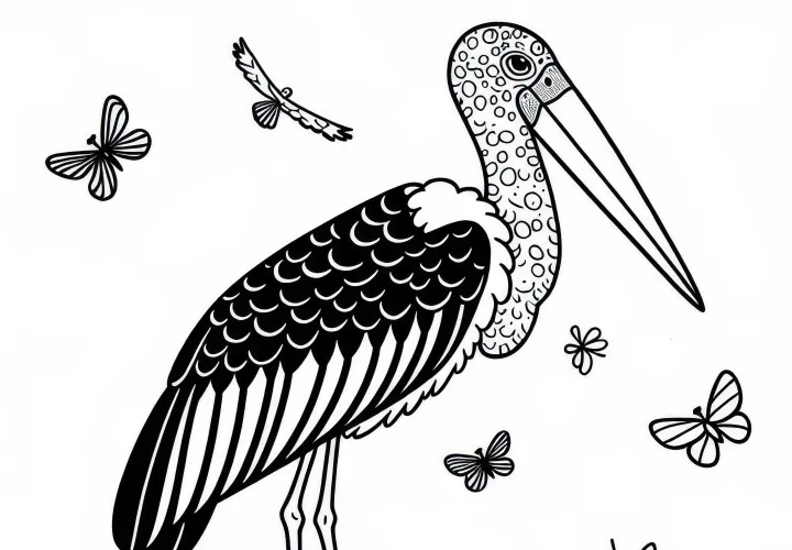 Marabu barvna predloga: Slika za barvanje marabujskega pelikana iz Afrike