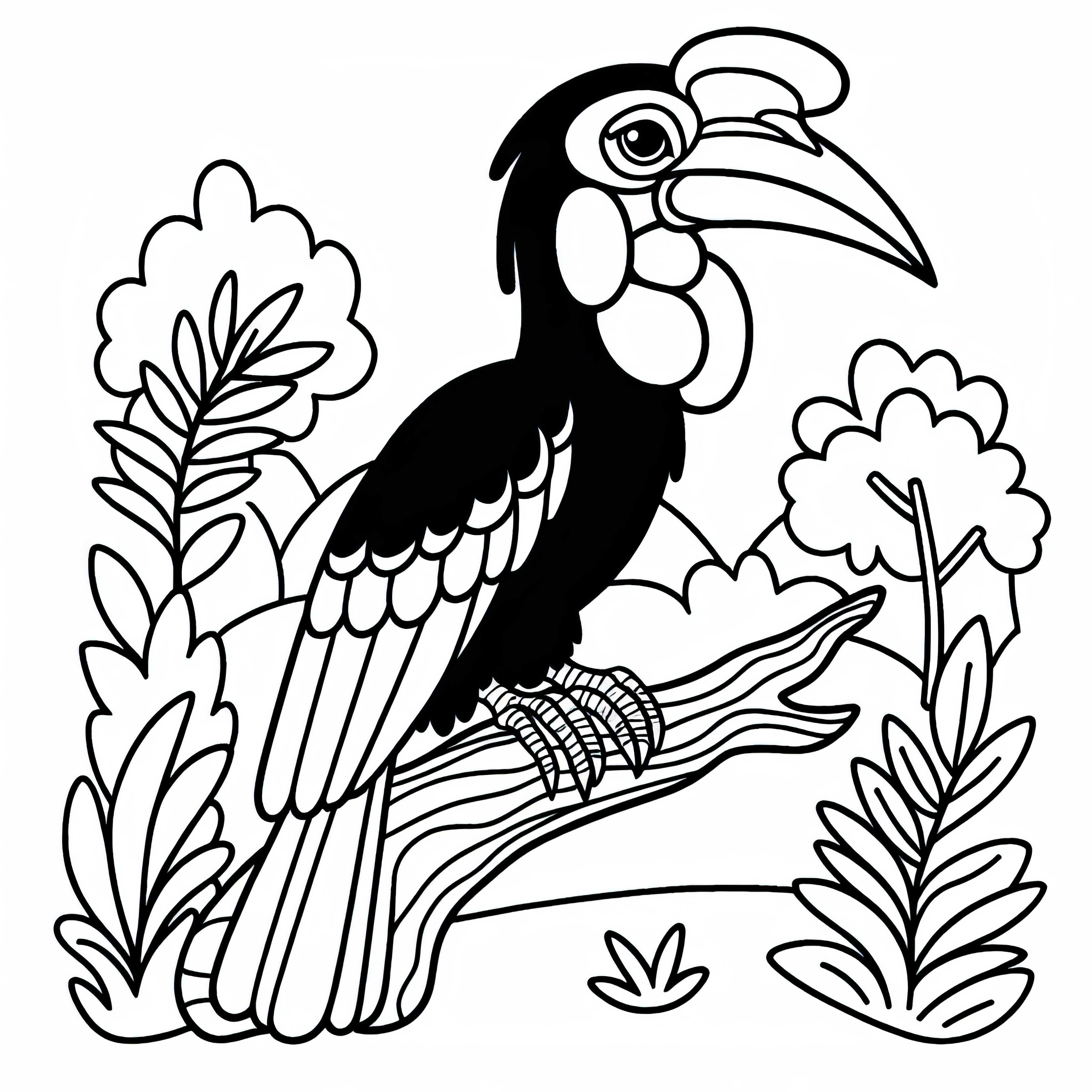 Bucorvo – Búho Terreno do Sul, pássaro da África – Molde para imprimir e colorir online Hornbill – Tamboril do Sul, ave da África – Modelo para imprimir e colorir online