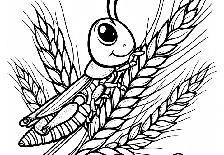 Grasshopper sitting on a wheat stem: Coloring template for download (Free)