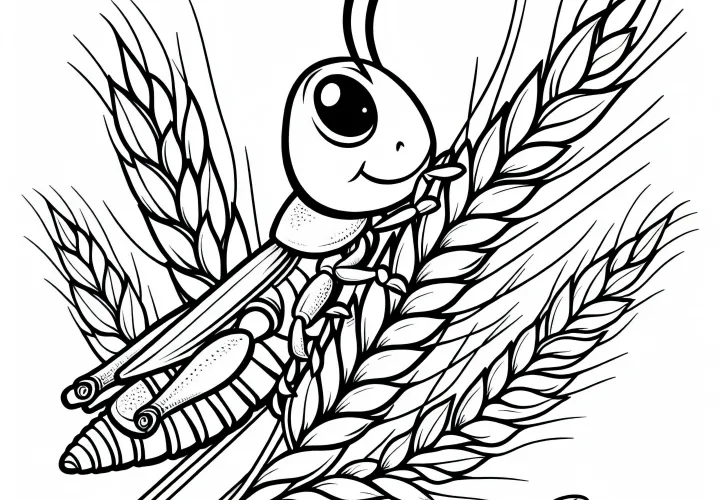 Grasshopper sitting on a wheat stem: Coloring template for download (Free)