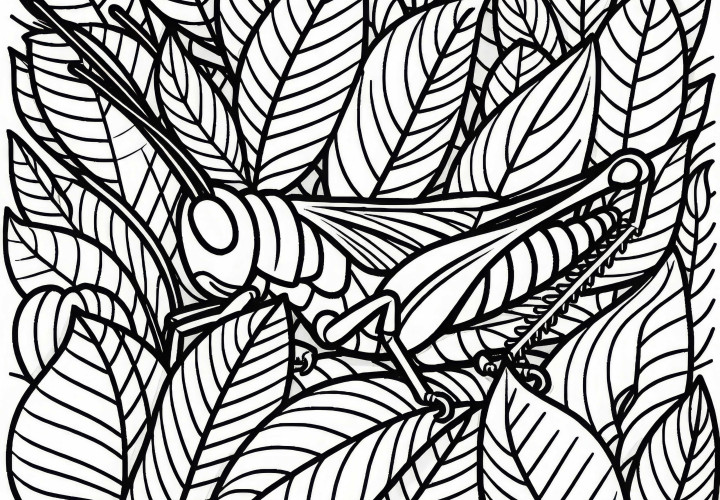 Grasshopper among Leaves: Coloring Page for Download (Free)