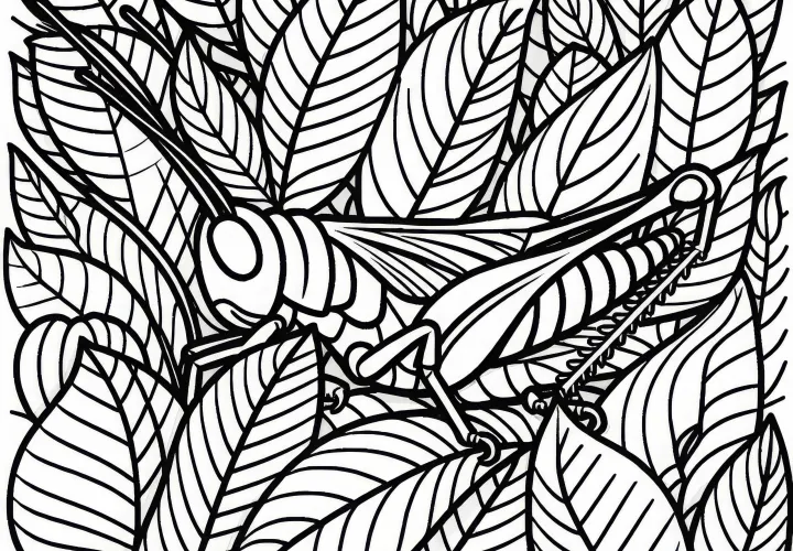 Grasshopper among Leaves: Coloring Page for Download (Free)