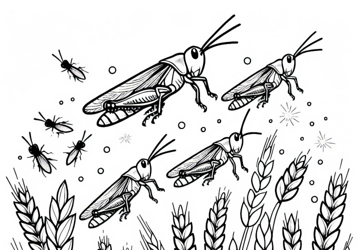 Grasshoppers land on a grain field: Coloring page to download (Free)