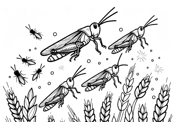Grasshoppers land on a grain field: Coloring page to download (Free)
