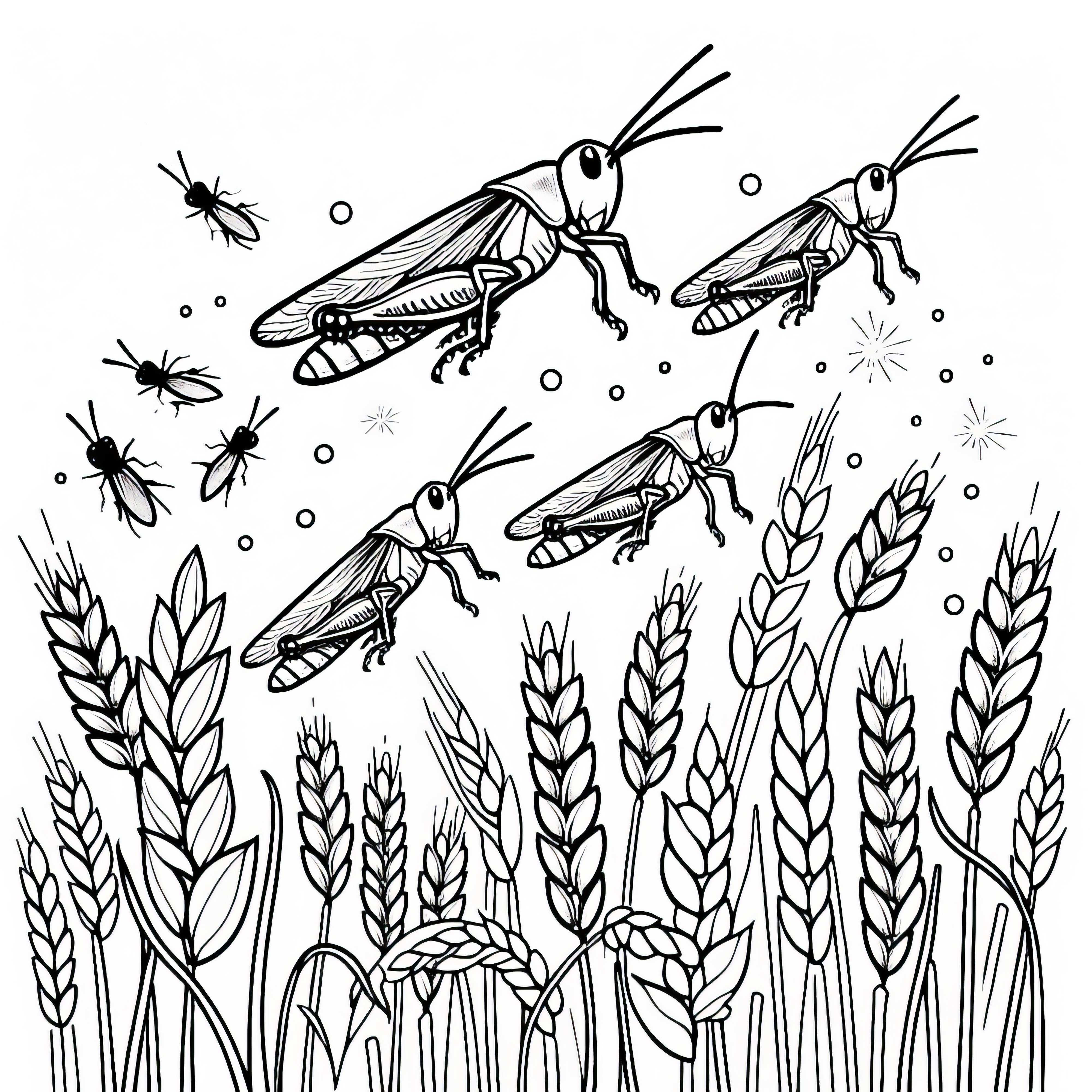 Grasshopper group lands on a field full of grain - free coloring page