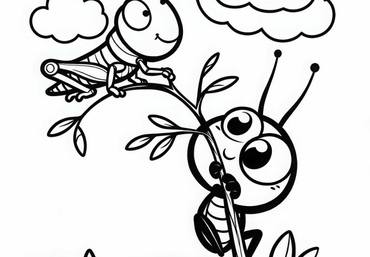 Grasshopper balancing on a branch: Coloring page for download (Free)