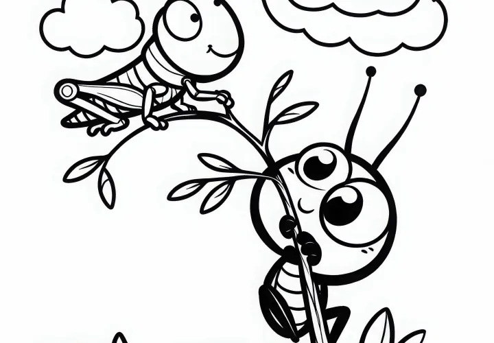 Grasshopper balancing on a branch: Coloring page for download (Free)