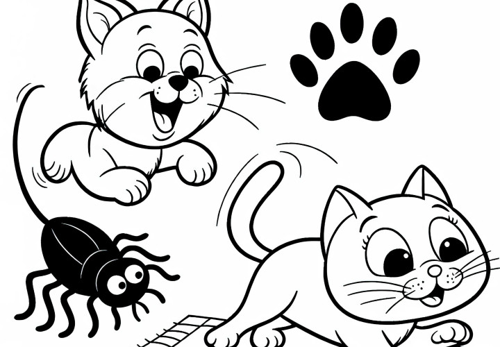 Flea and Cats Playing: Coloring Page to Download (Free)