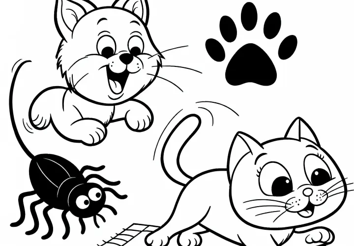 Flea and Cats Playing: Coloring Page to Download (Free)