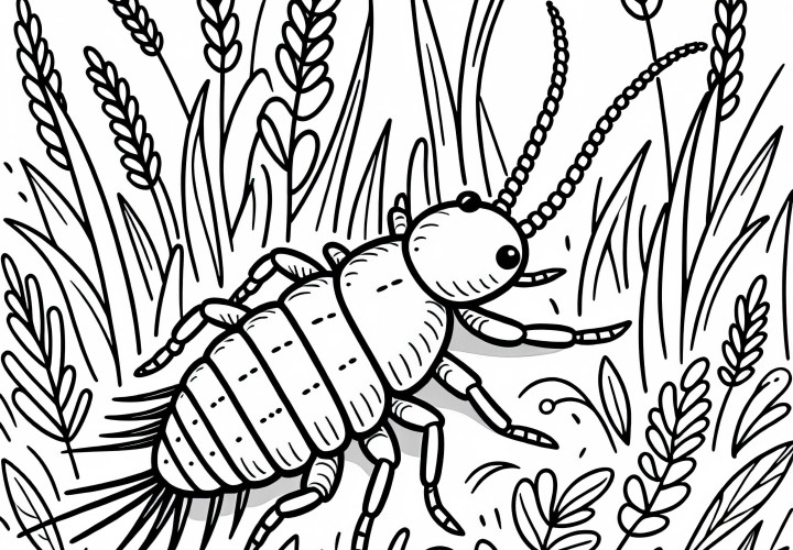 Earworm sits between blades of grass - free coloring page
