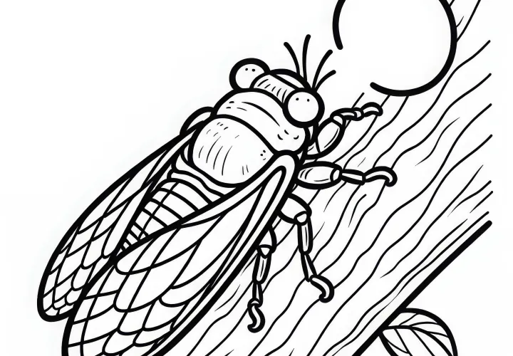 Singing cicada sits on a branch and chirps loudly - Free coloring template