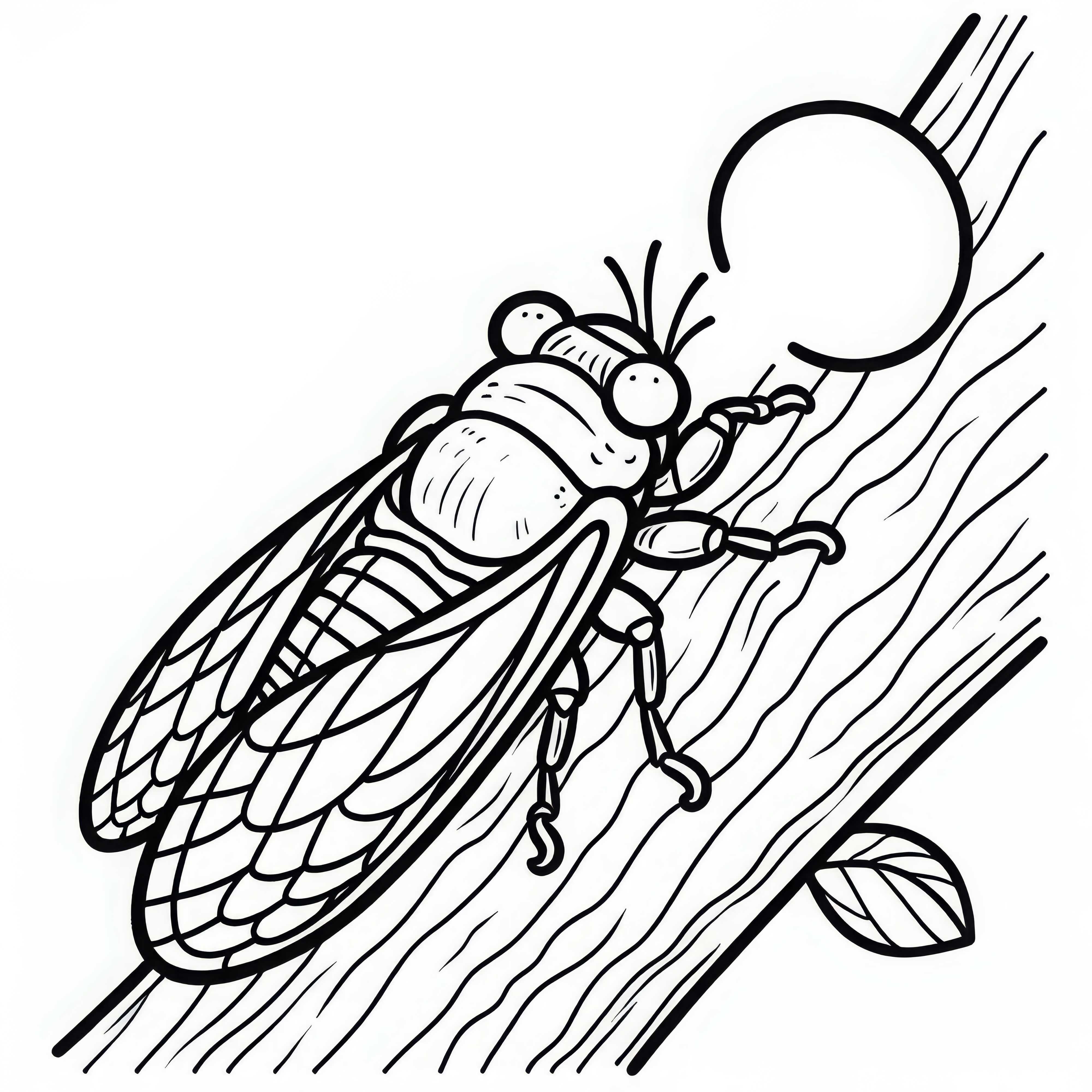 Cicada stă pe o ramură și ț&acirc;r&acirc;ie tare &ndash; Foaie de colorat gratuită