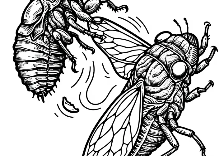 The singing cicada molts and leaves its old shell behind – Free coloring page