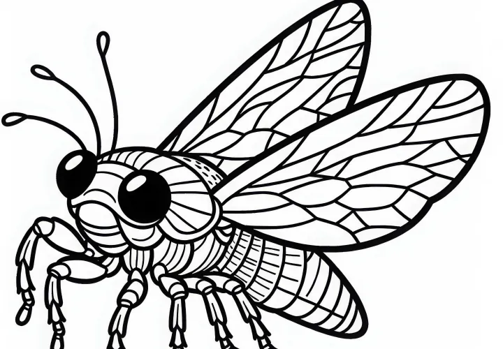 Singing cicada buzzes through the air – Free coloring page