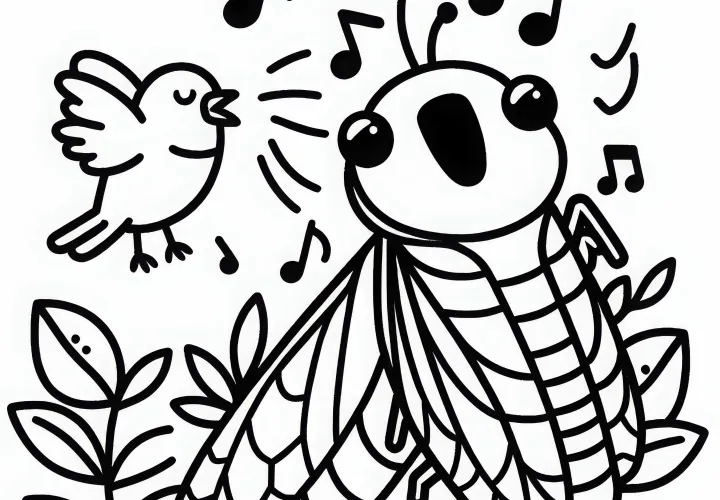 Singing cicada and bird - Free coloring page