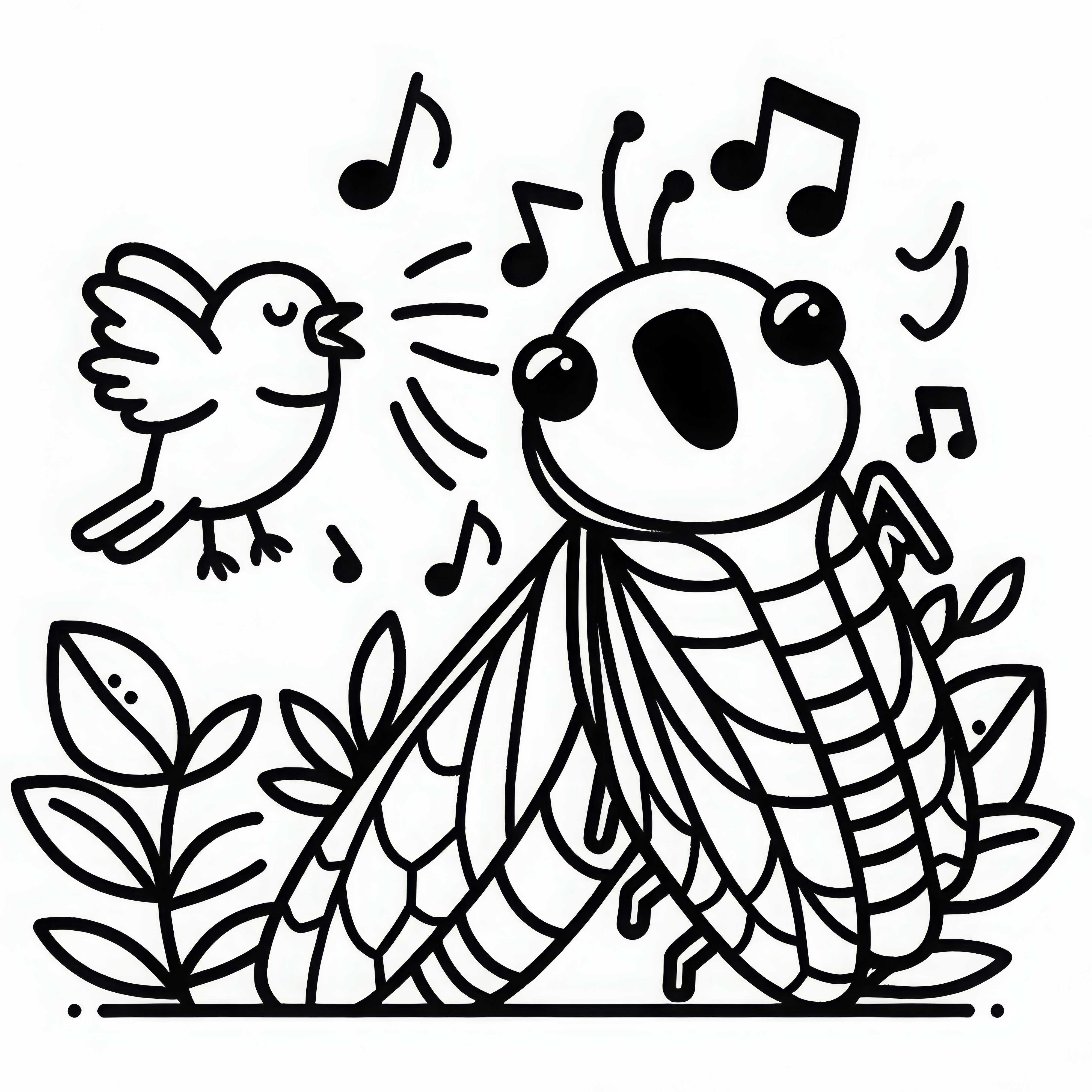 Cicade și pasărea c&acirc;ntă &ndash; Desen de colorat gratuit