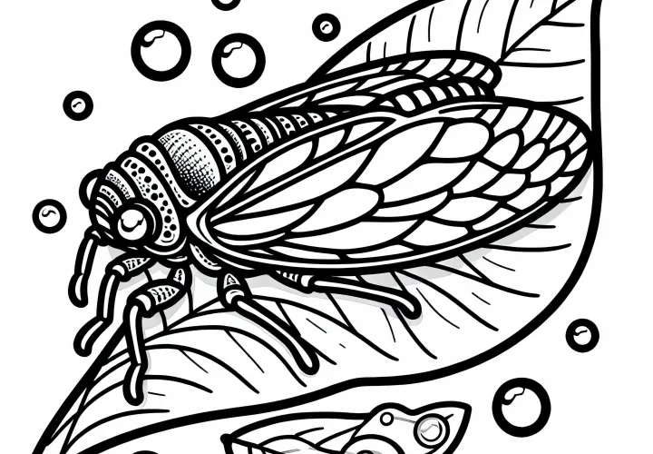 Singing cicada sits on leaf with sparkling morning dew – Free coloring page