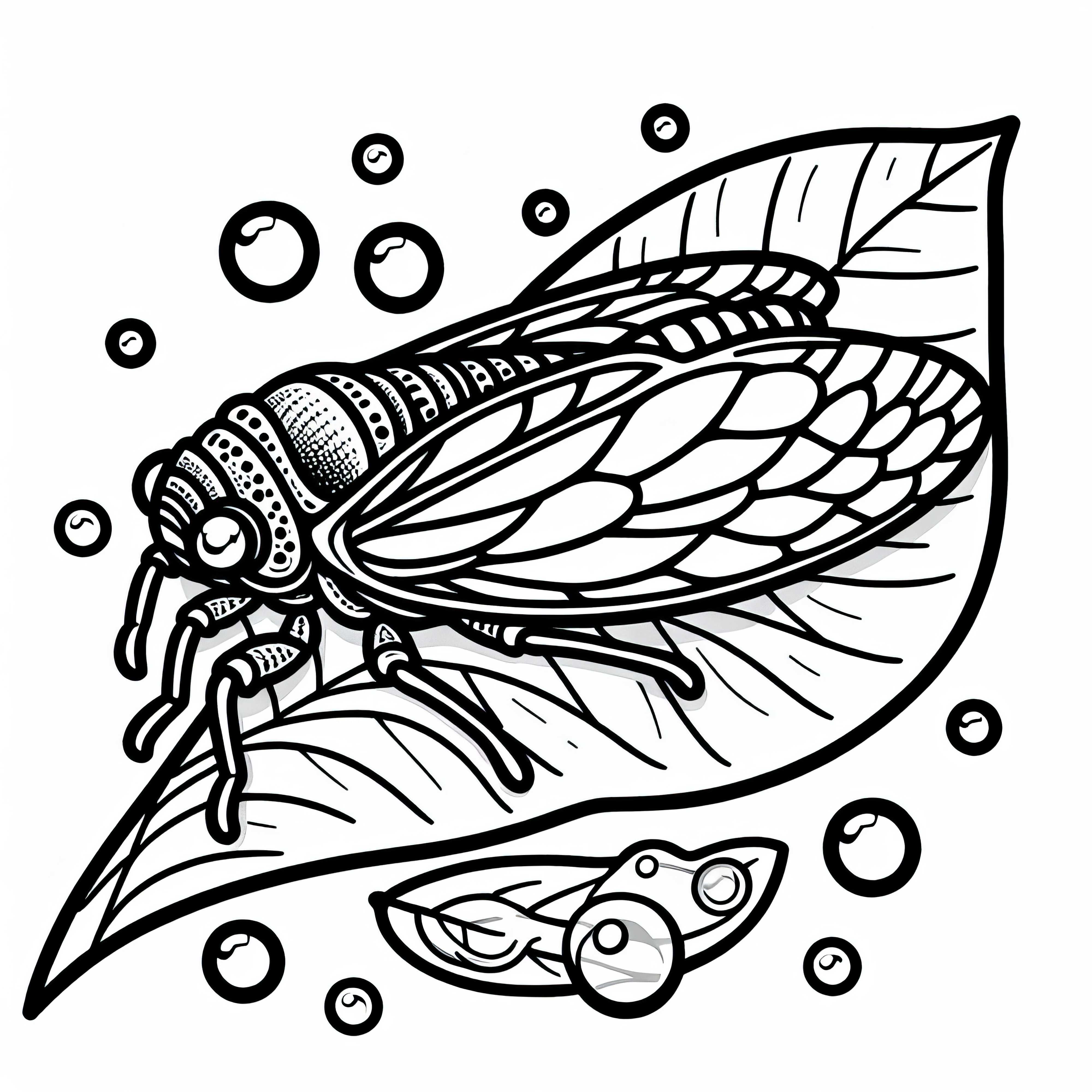 Cicladele se așază pe frunza cu rouă strălucitoare de dimineață &ndash; Șablon de colorat gratuit