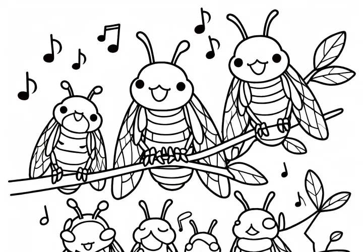 Group of singing cicadas sits on branches and sings in a choir – Free coloring page