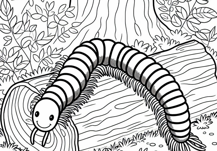 Millipede crawls over moss-covered tree trunk – free coloring page