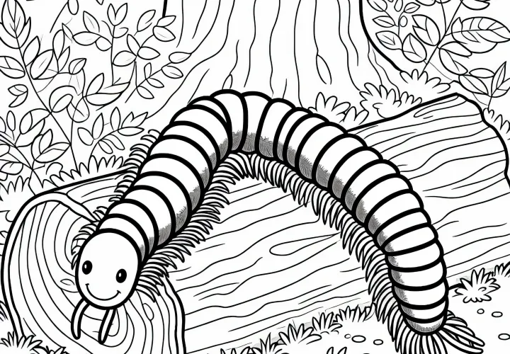 Millipede crawls over moss-covered tree trunk – free coloring page