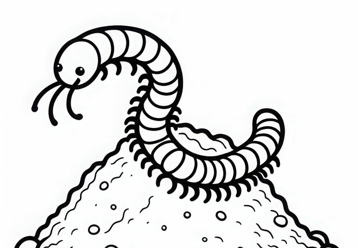 Millipede climbs up a small hill of earth – Free coloring page