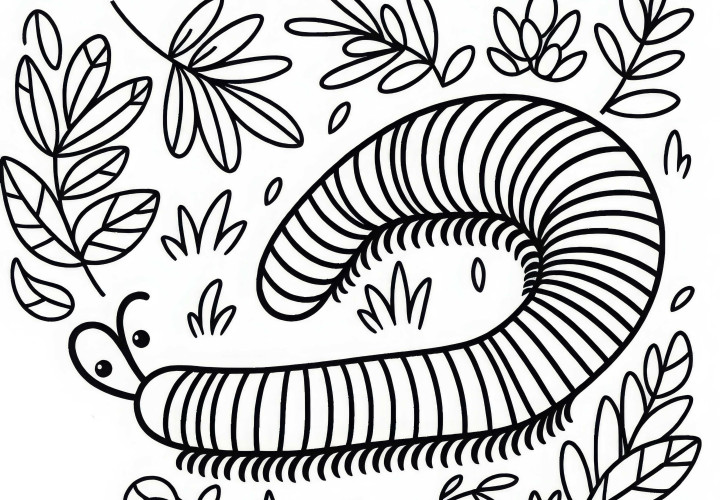 Millipede moves through leaves – free coloring page