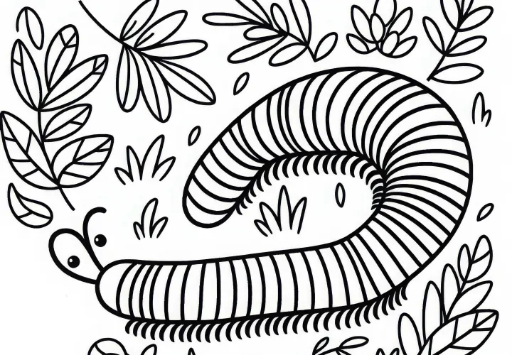 Millipede moves through leaves – free coloring page