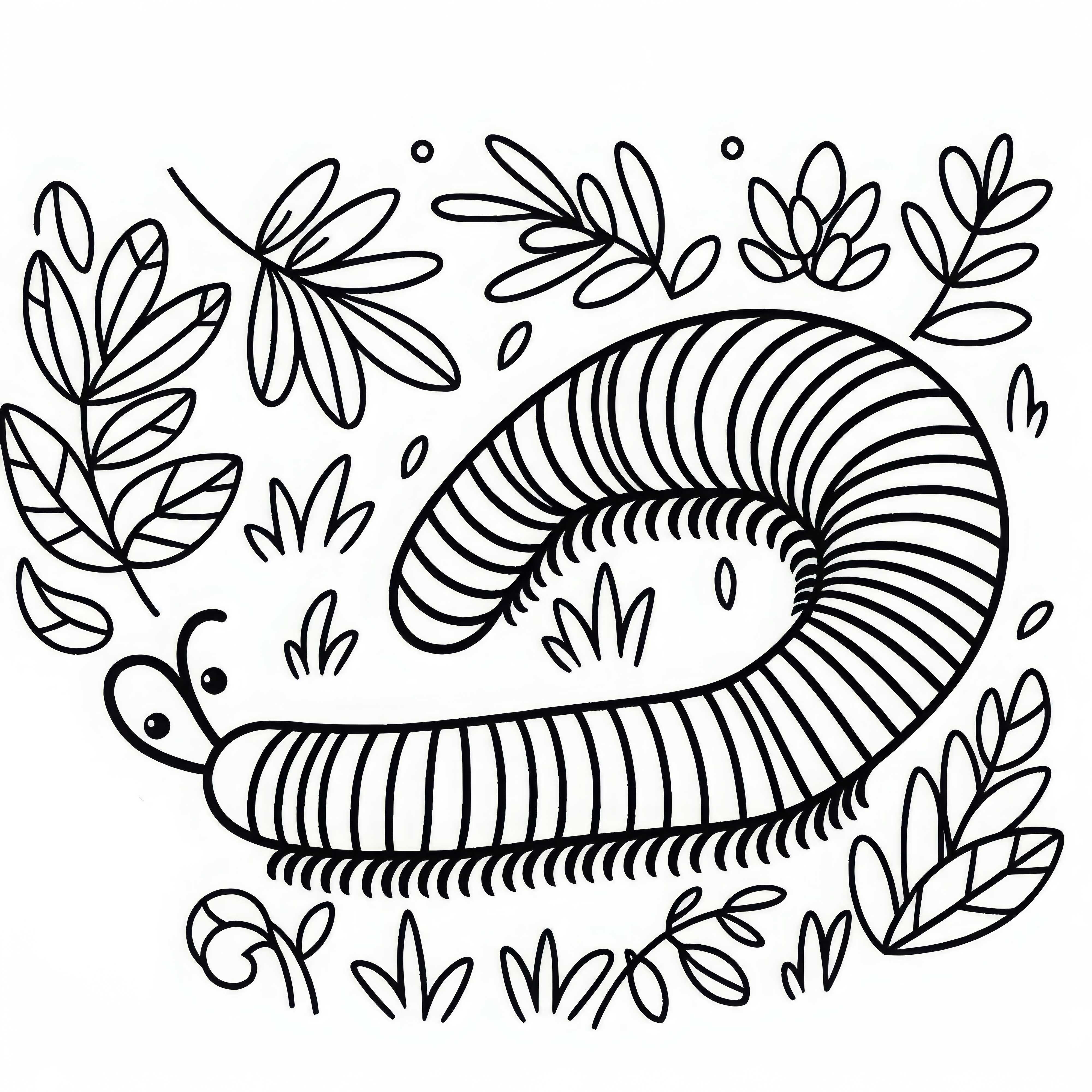 Centipede moves through leaves – Free coloring page Millipede moves through foliage - Free coloring page