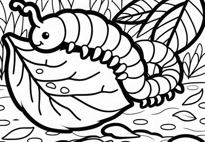 Millipede eats rotten leaf - free coloring page