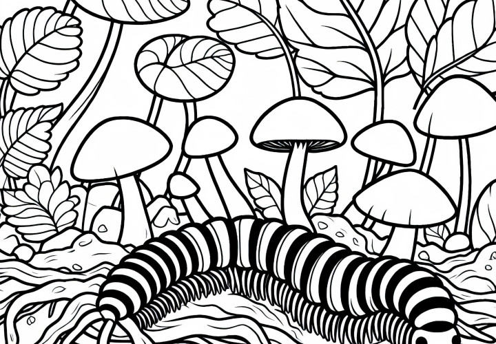 Millipede hides among roots and mushrooms – free coloring page