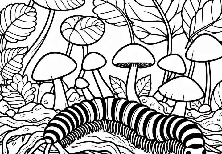 Millipede hides among roots and mushrooms – free coloring page