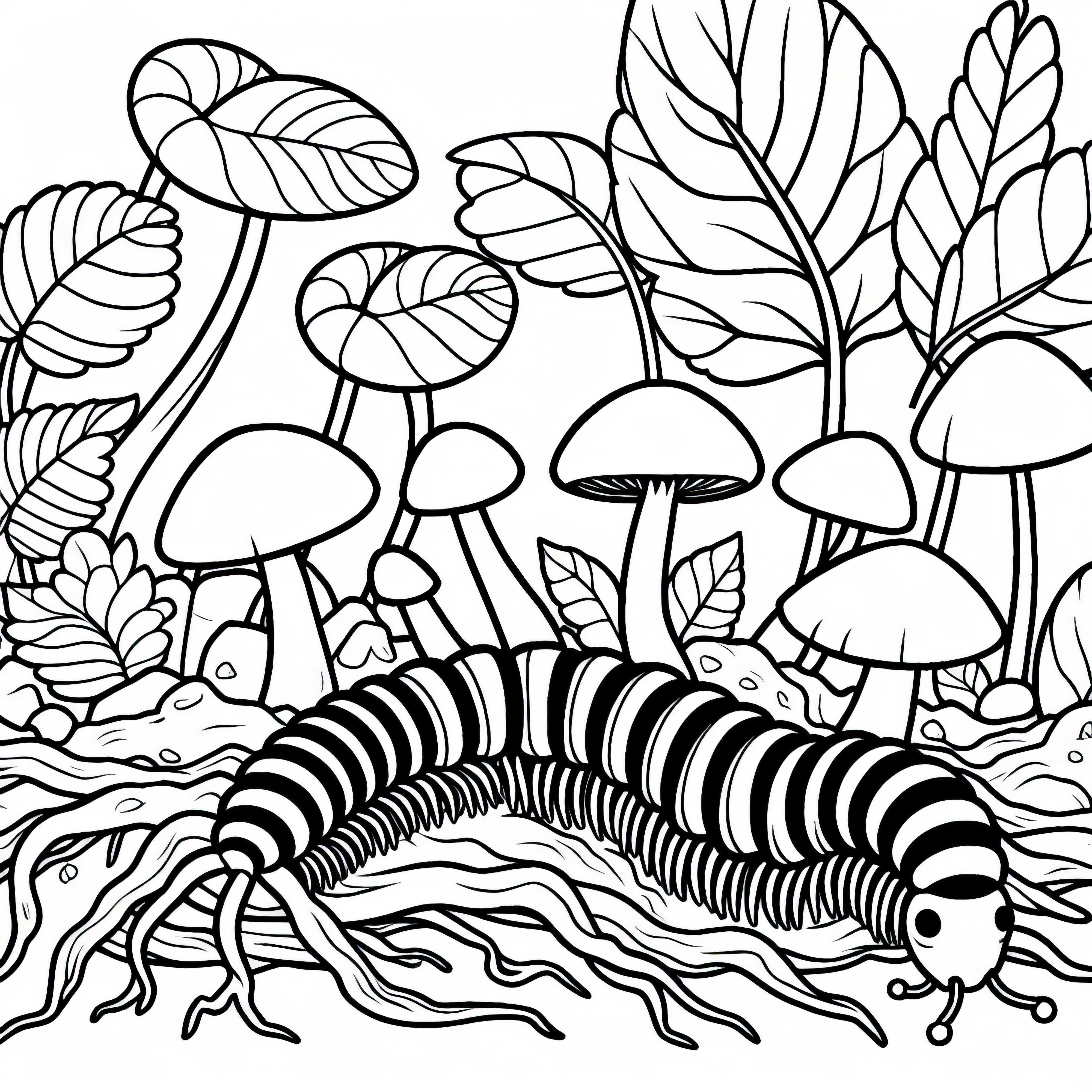 Millipede hides among roots and mushrooms &ndash; Free coloring page