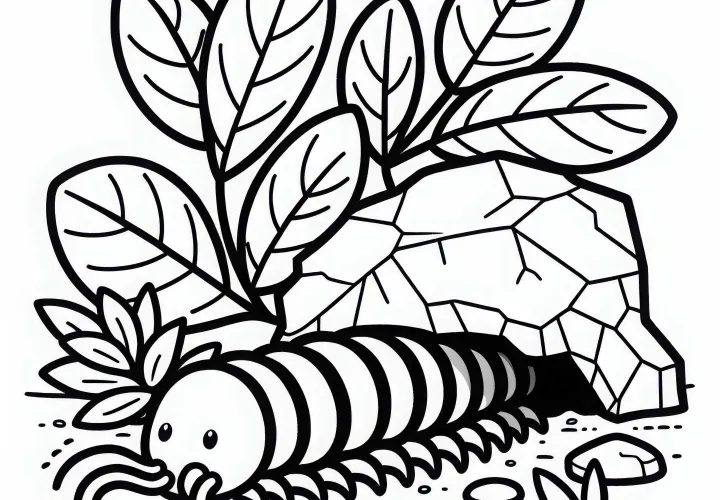 Centipede hides under stone - coloring template free