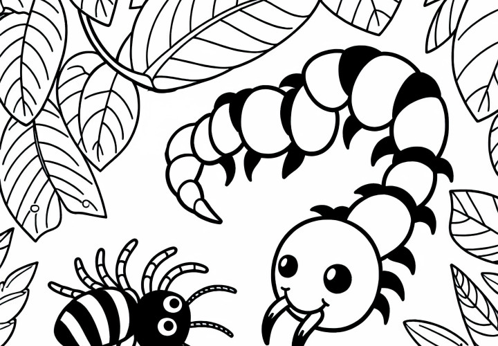 Centopiedi insegue piccola ragnatela tra le foglie – Immagine da colorare gratuita Centopiedi insegue piccola ragnatela tra le foglie – Disegno da colorare gratuito