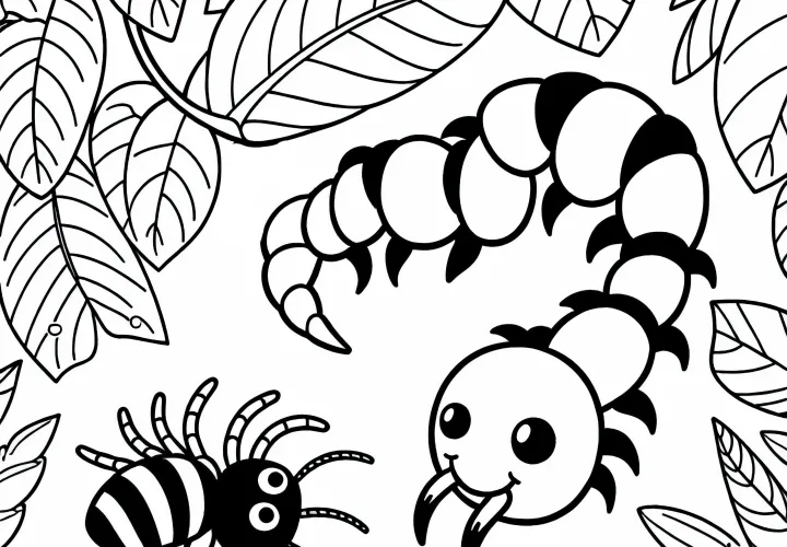 Stovonožka naháňa malého pavúčika medzi listami – Maľovanka zadarmo Stovonožka naháňa malého pavúčika medzi listami – Maľovanka zadarmo