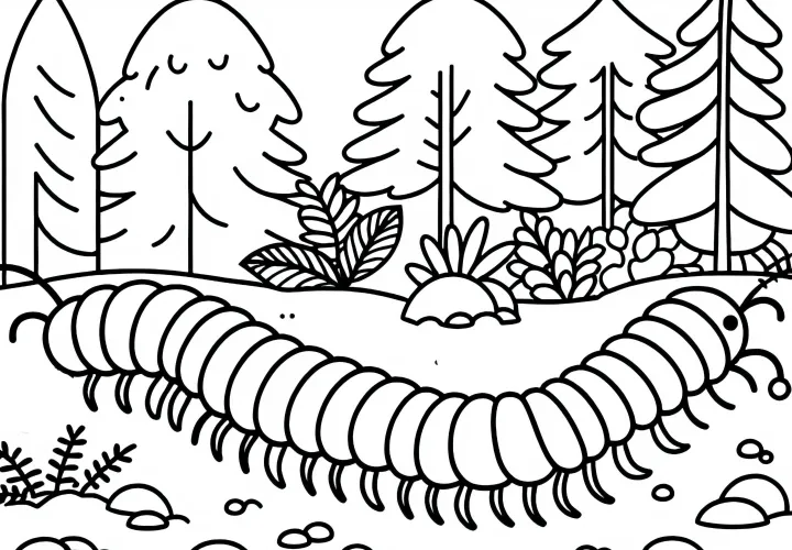 Centipede crawls over forest floor - free coloring page