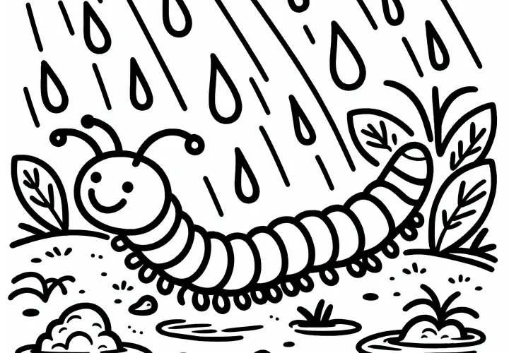 Free download of a coloring page of a centipede in the rain