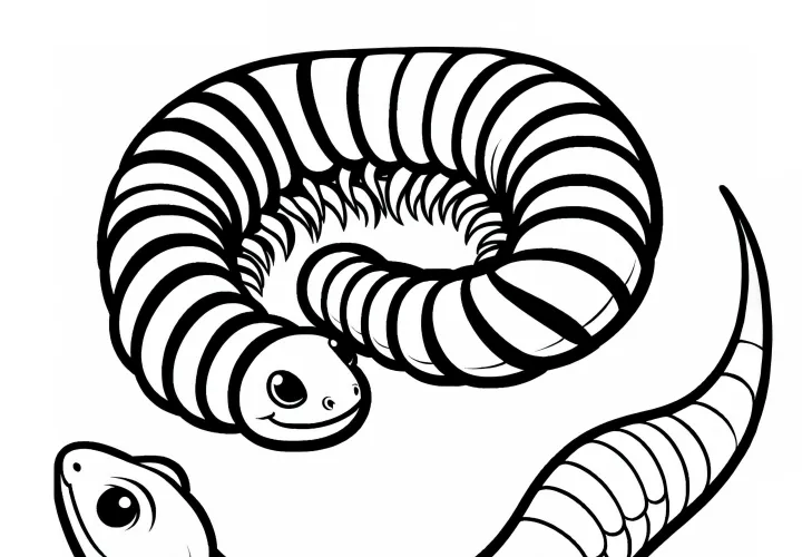 The centipede curls up protectively when a lizard discovers it – Free coloring page