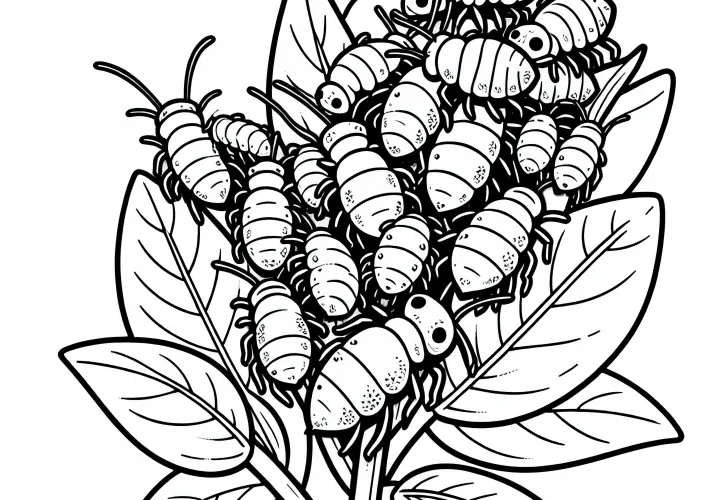 A group of aphids sits closely packed on plant stems - free coloring page