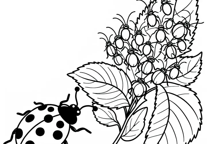 Ladybug approaches a colony of aphids - free coloring page