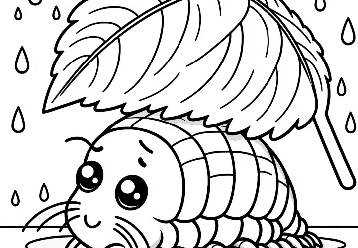 The aphid hides under the leaf from the rain – Coloring page simple free