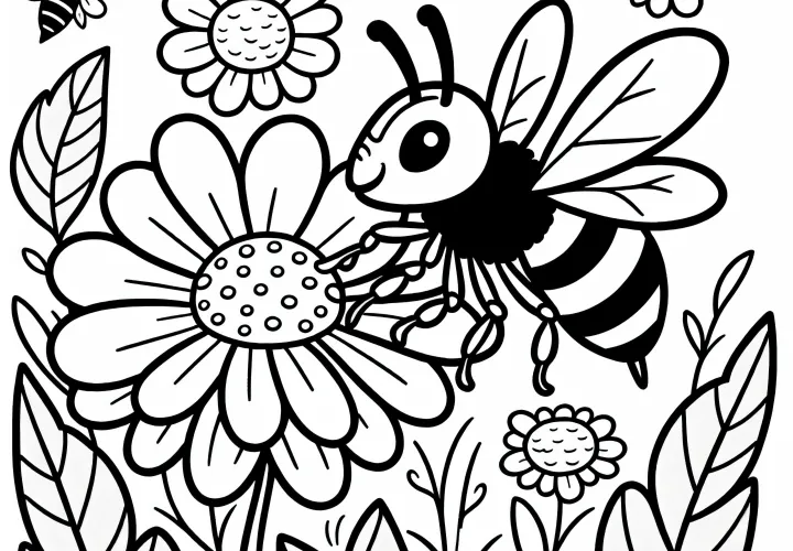 Wasp sitting on a flower and collecting nectar: Coloring template for download (Free)