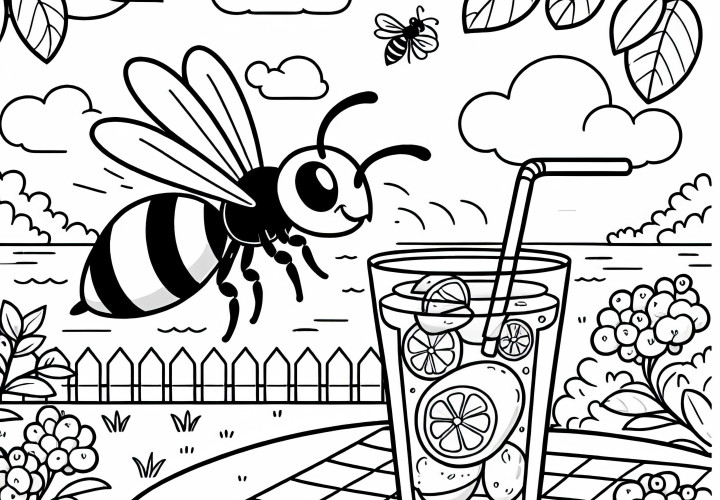 Free coloring page: Wasp at the lemonade glass in the garden