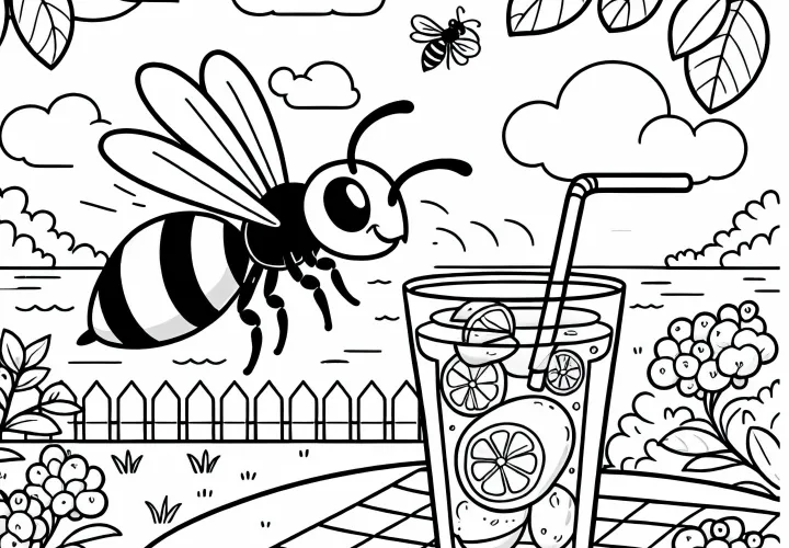 Free coloring page: Wasp at the lemonade glass in the garden
