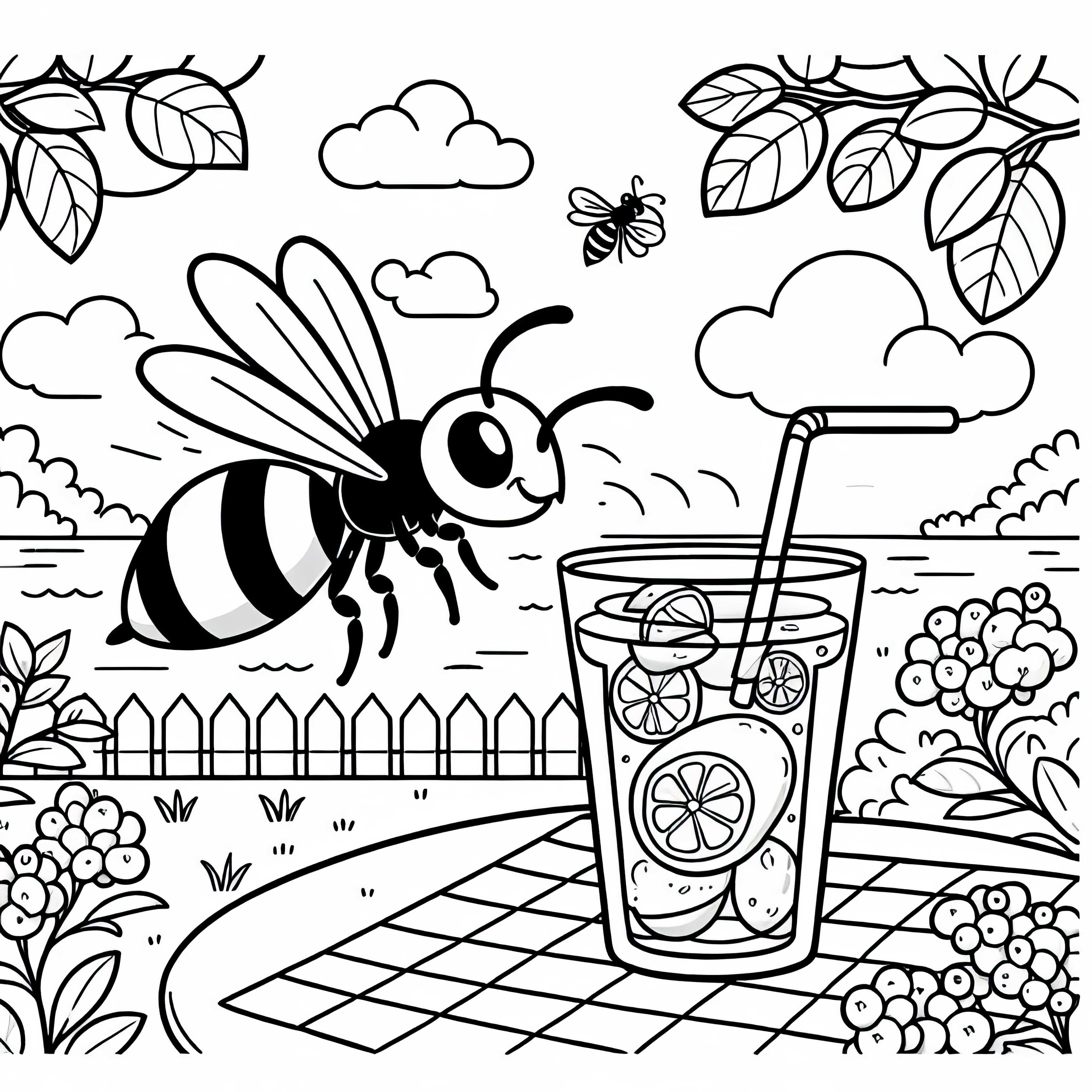 Free coloring page: Wasp at the lemonade glass in the garden Free coloring page: Wasp at a lemonade glass in the garden