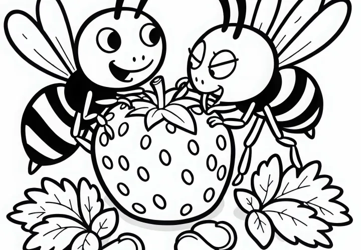 Two wasps on a strawberry: Coloring page to download (Free)