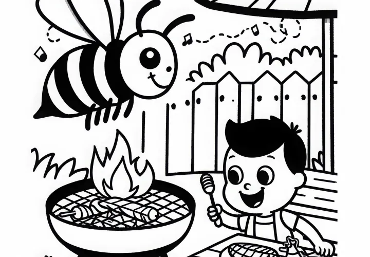 Wasp at the Grill in Summer: Coloring Template for Download (Free)